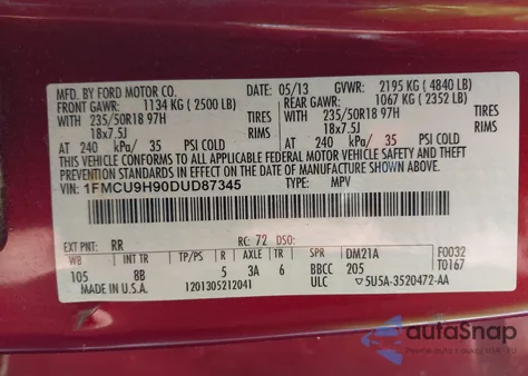 2013 Ford Escape Sel из США, поврежденный, VIN 1FMCU9H90DUD87345